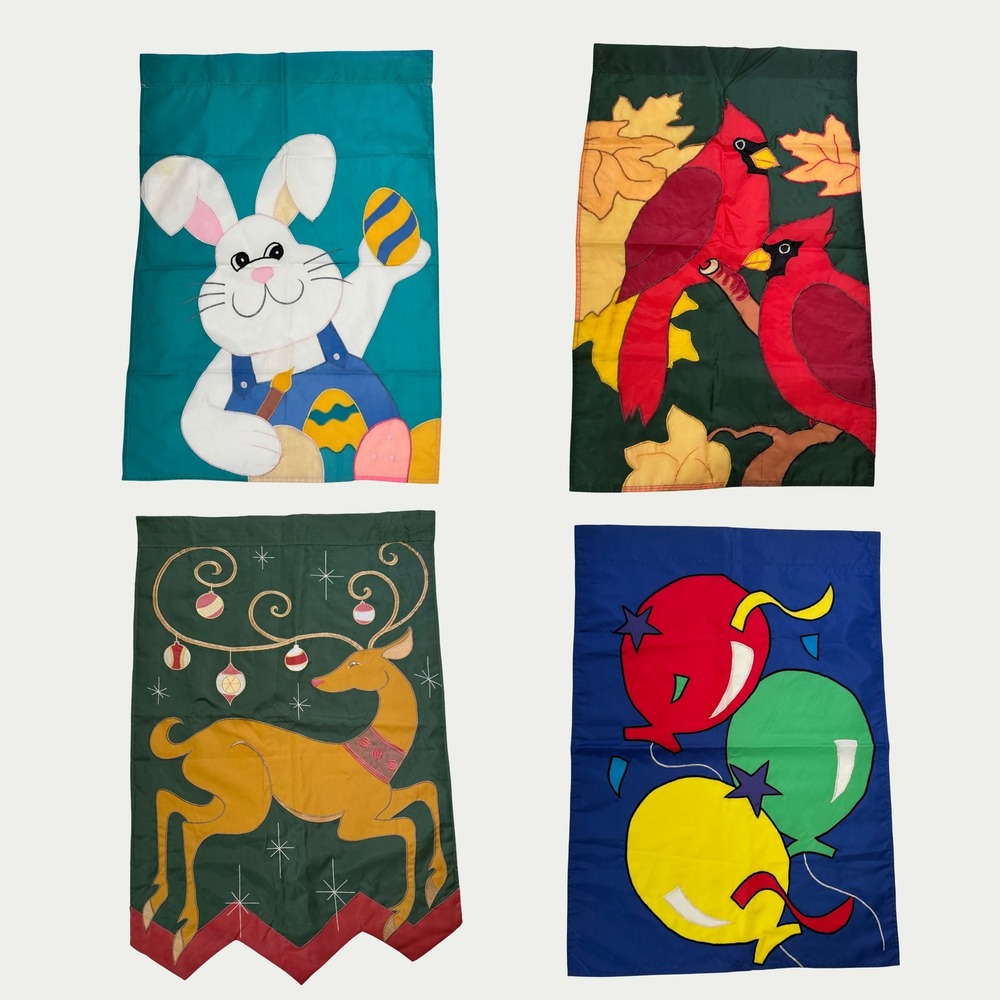 VTG 90's Embroidered Nylon Garden Flags Easter Balloons Cardinal Fall Christmas